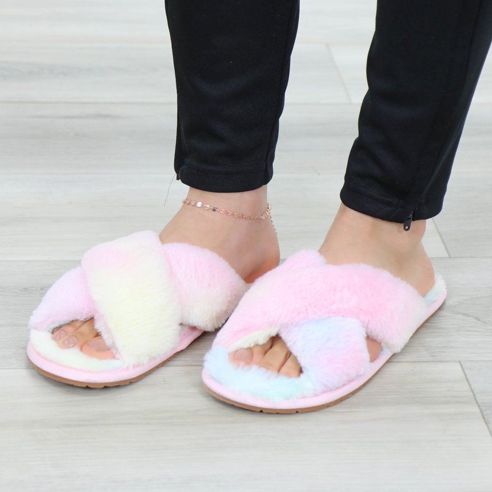 Tie Dye Fuzzy Plush Criss Cross Sandal Sliders - Picture 12 of 16